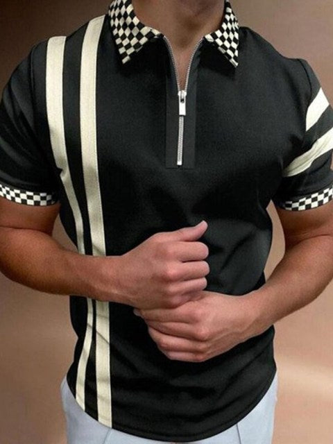 New Summer High Quality Men Polo Shirts High Street Print Casual Short Sleeve Mens Shirts Turn-Down Collar Zipper Polo Shirt Men