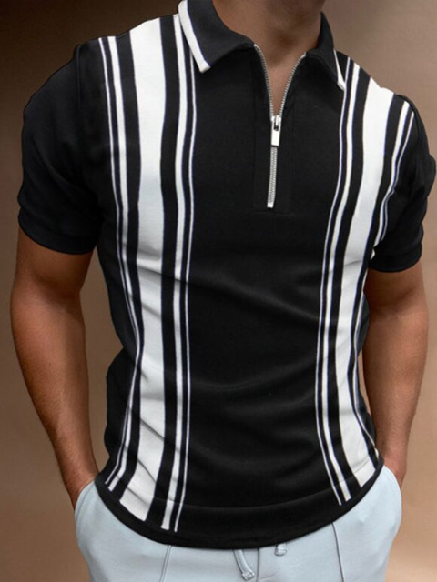 New Summer High Quality Men Polo Shirts High Street Print Casual Short Sleeve Mens Shirts Turn-Down Collar Zipper Polo Shirt Men