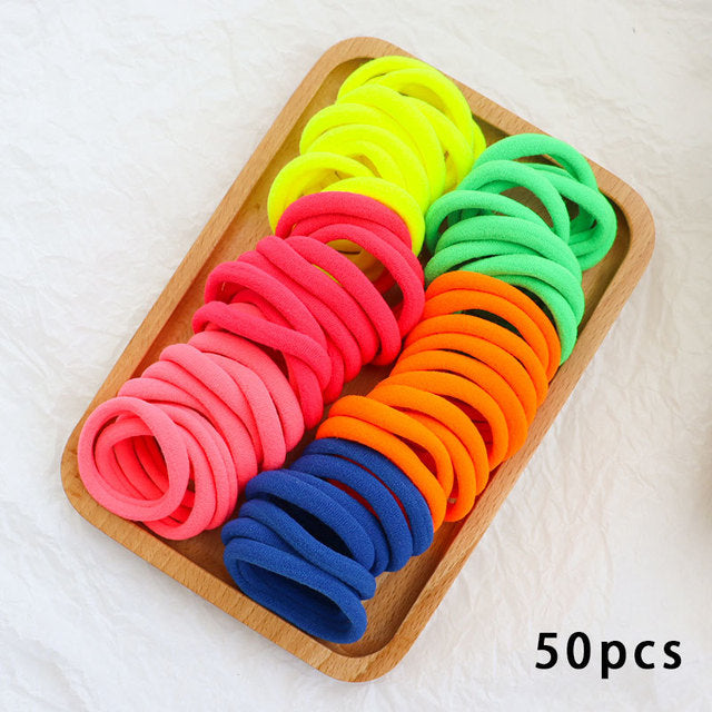 50 Pieces Set Girl Colorful Ornament Nylon Elastic Hair Bands Ponytail Hair Accessories Holder Rubber Bands Scrunchie Headband