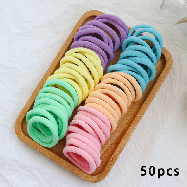 50 Pieces Set Girl Colorful Ornament Nylon Elastic Hair Bands Ponytail Hair Accessories Holder Rubber Bands Scrunchie Headband