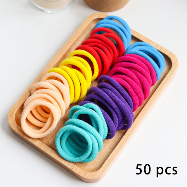 50 Pieces Set Girl Colorful Ornament Nylon Elastic Hair Bands Ponytail Hair Accessories Holder Rubber Bands Scrunchie Headband