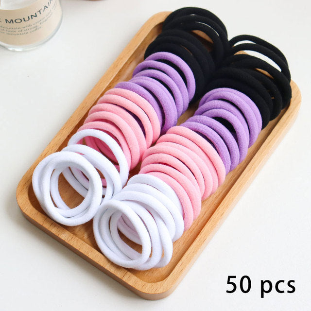 50 Pieces Set Girl Colorful Ornament Nylon Elastic Hair Bands Ponytail Hair Accessories Holder Rubber Bands Scrunchie Headband