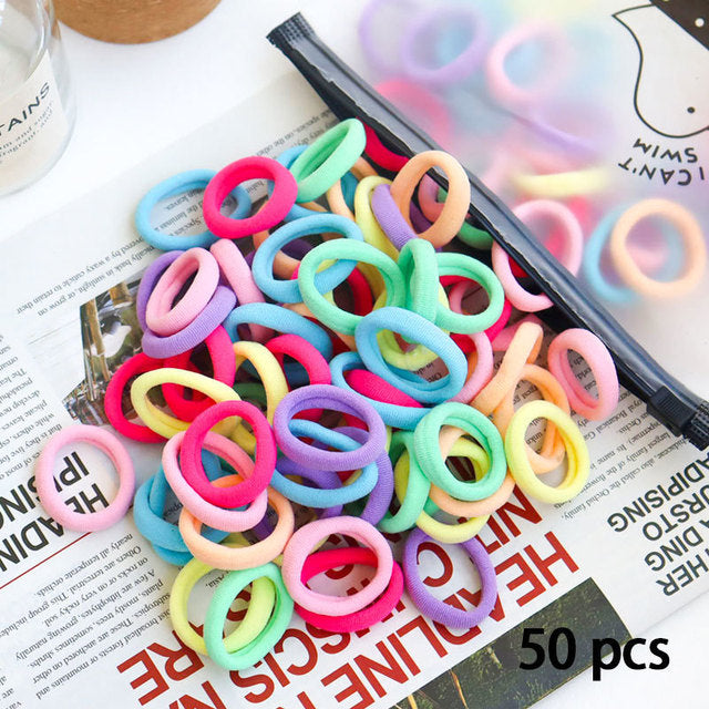 50 Pieces Set Girl Colorful Ornament Nylon Elastic Hair Bands Ponytail Hair Accessories Holder Rubber Bands Scrunchie Headband