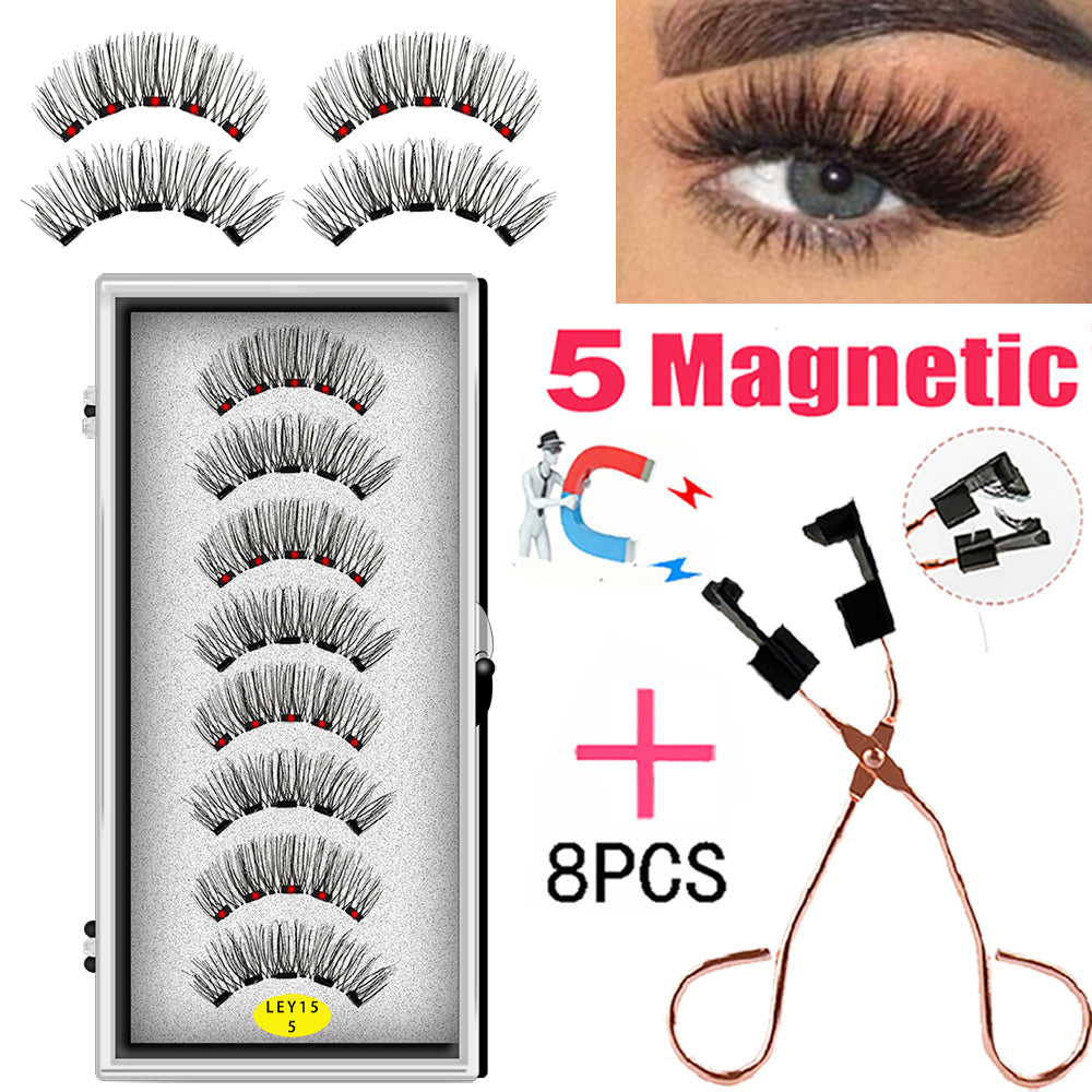 LEKOFO 8PCS 5 Magnets 3D Magnetic False Eyelashes Handmade Artificial Faux Cils Magnetic Natural Mink Eyelashes with Tweezers