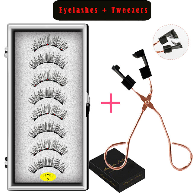 LEKOFO 8PCS 5 Magnets 3D Magnetic False Eyelashes Handmade Artificial Faux Cils Magnetic Natural Mink Eyelashes with Tweezers