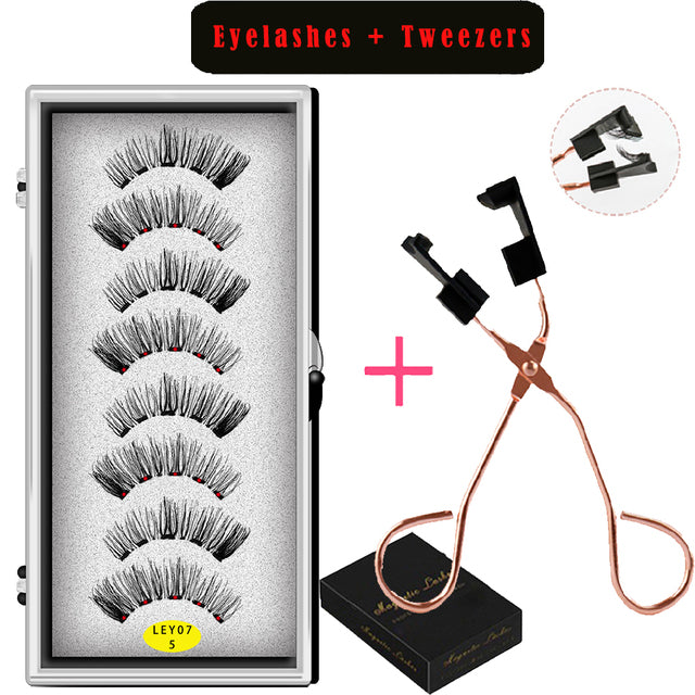 LEKOFO 8PCS 5 Magnets 3D Magnetic False Eyelashes Handmade Artificial Faux Cils Magnetic Natural Mink Eyelashes with Tweezers