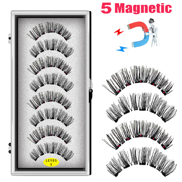 LEKOFO 8PCS 5 Magnets 3D Magnetic False Eyelashes Handmade Artificial Faux Cils Magnetic Natural Mink Eyelashes with Tweezers