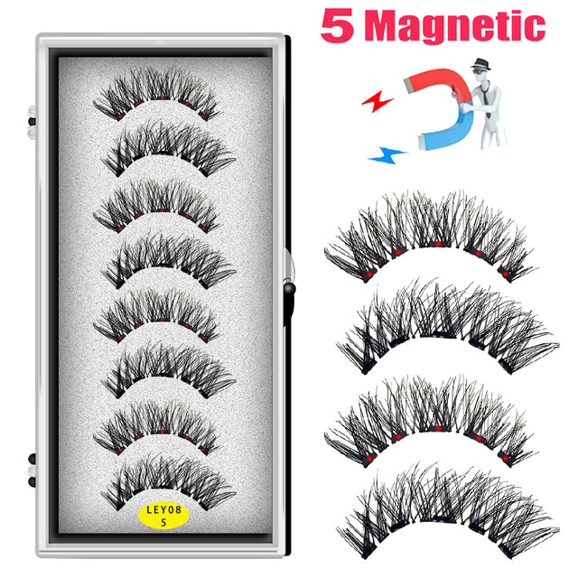 LEKOFO 8PCS 5 Magnets 3D Magnetic False Eyelashes Handmade Artificial Faux Cils Magnetic Natural Mink Eyelashes with Tweezers