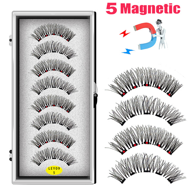 LEKOFO 8PCS 5 Magnets 3D Magnetic False Eyelashes Handmade Artificial Faux Cils Magnetic Natural Mink Eyelashes with Tweezers