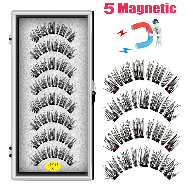 LEKOFO 8PCS 5 Magnets 3D Magnetic False Eyelashes Handmade Artificial Faux Cils Magnetic Natural Mink Eyelashes with Tweezers