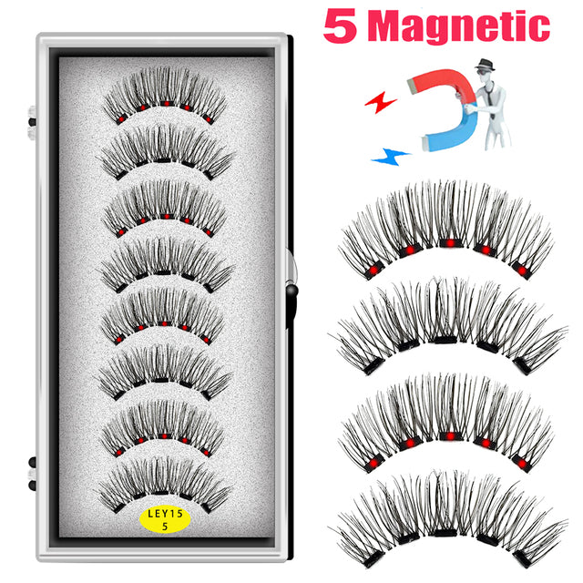 LEKOFO 8PCS 5 Magnets 3D Magnetic False Eyelashes Handmade Artificial Faux Cils Magnetic Natural Mink Eyelashes with Tweezers