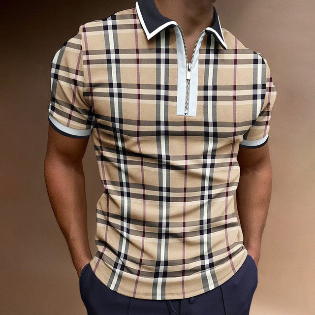 New Summer High Quality Men Polo Shirts High Street Print Casual Short Sleeve Mens Shirts Turn-Down Collar Zipper Polo Shirt Men